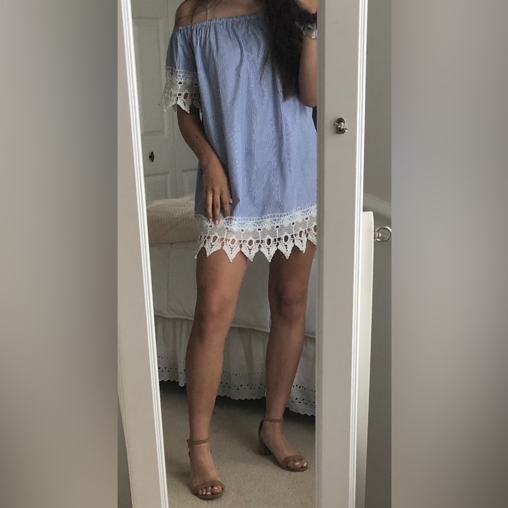 Strapless blue striped dress with lace detail